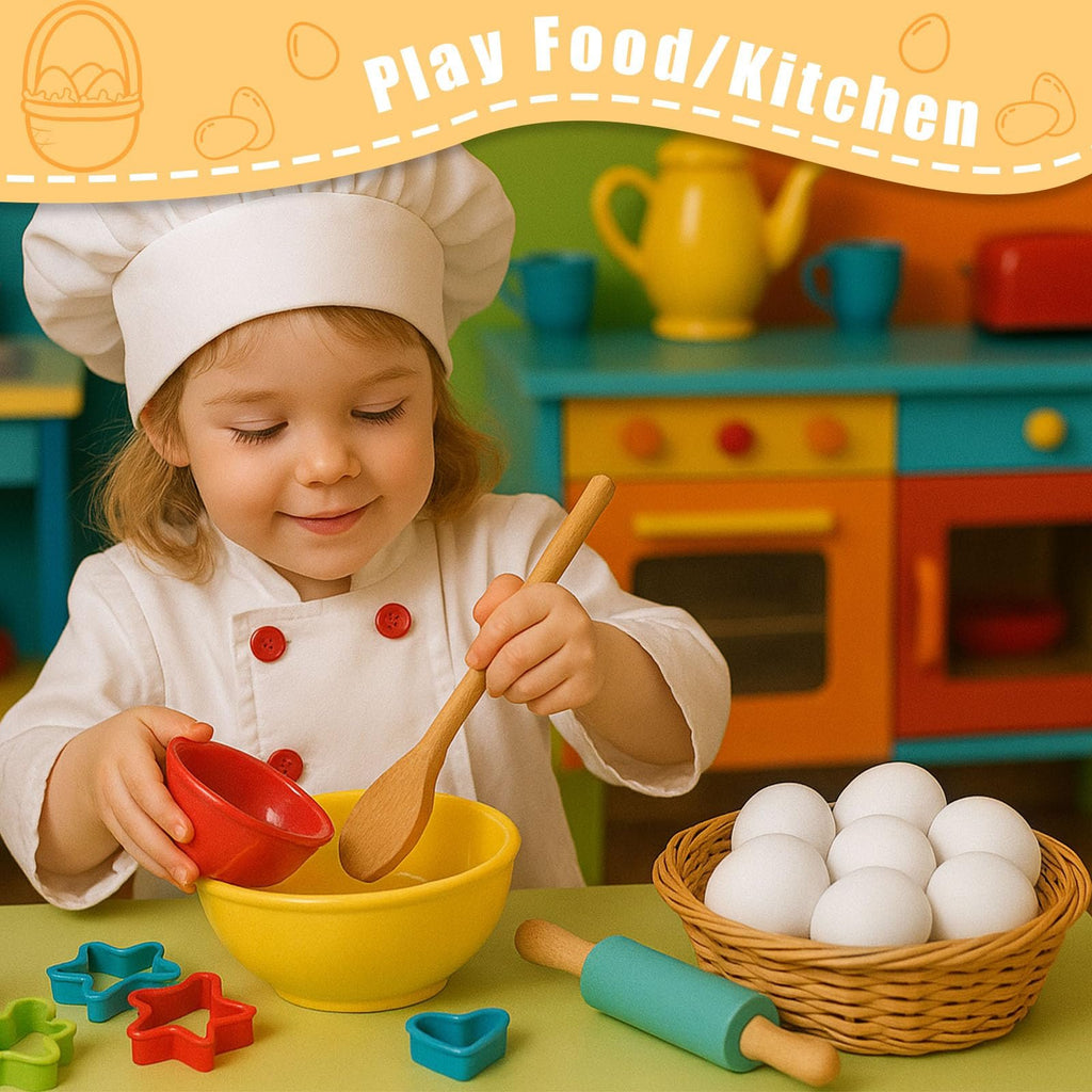 Child in chef's hat playing with wooden eggs and kitchen toys, including a basket of eggs, bowls, and cookie cutters.