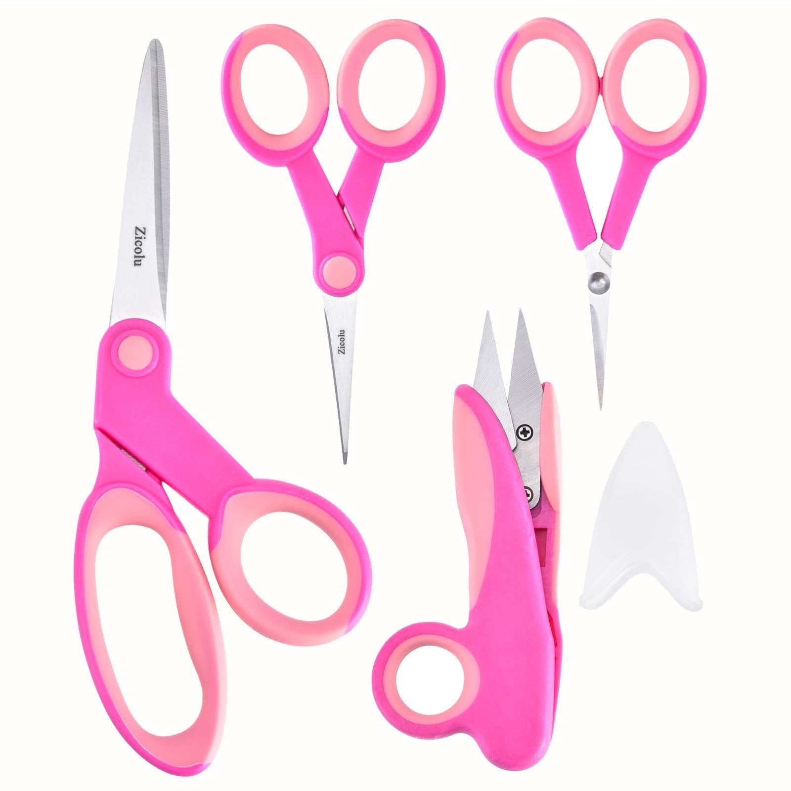 Four pairs of pink and light pink handled scissors on a white background, including fabric shears, embroidery scissors, and thread snips.