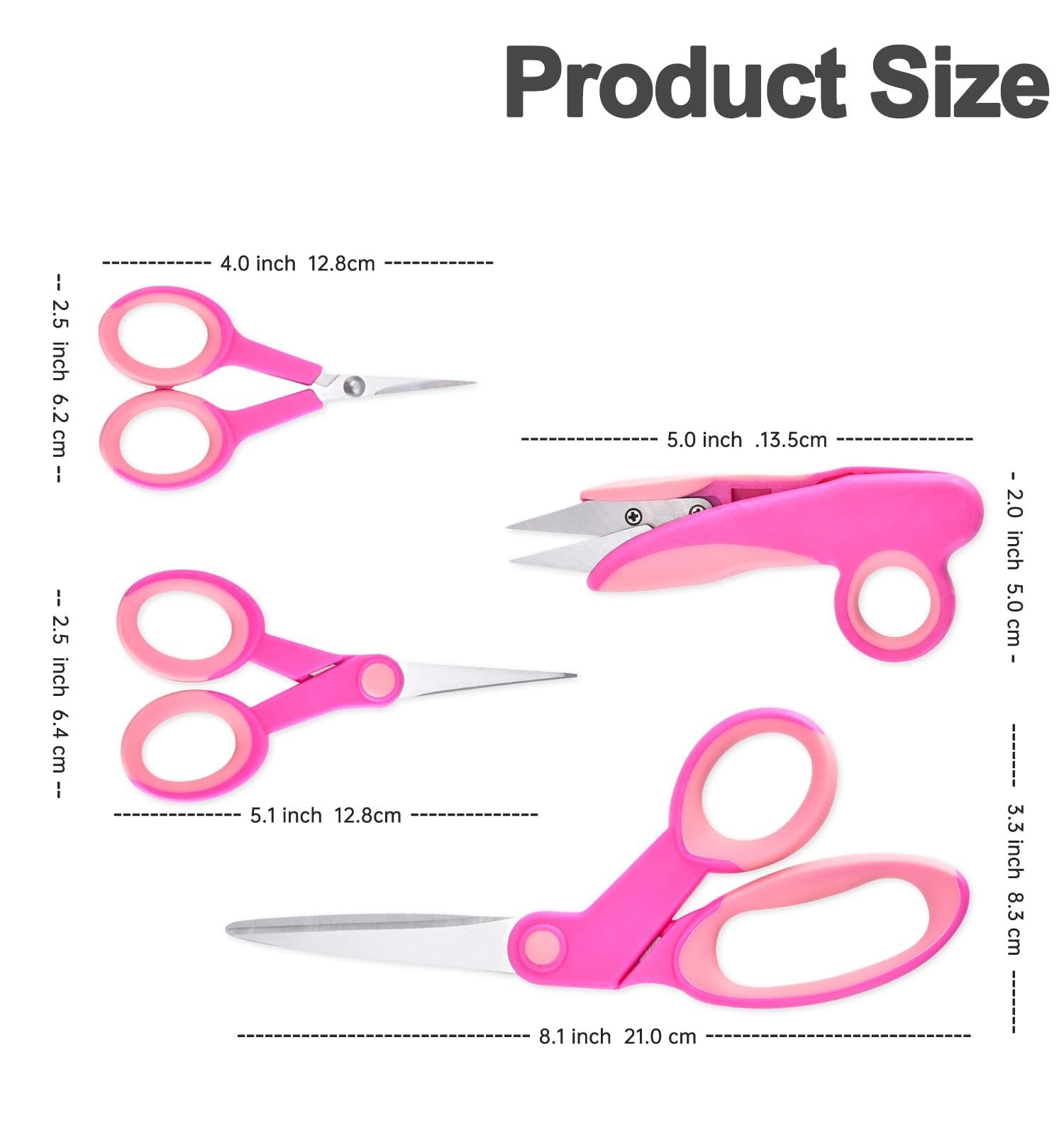 Four pairs of pink handled scissors with silver blades, shown with size dimensions indicated.