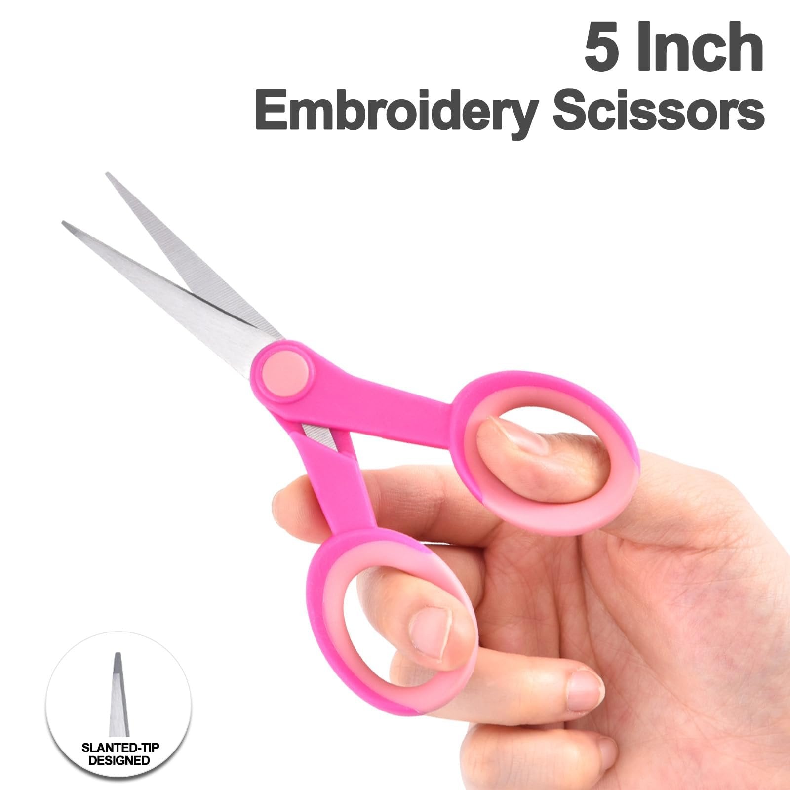 Pink embroidery scissors held in a hand, with a graphic showing a slanted tip.