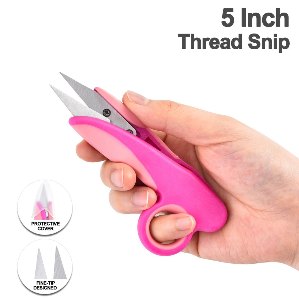 Hand holding pink thread snips with protective cover and fine-tip design callouts