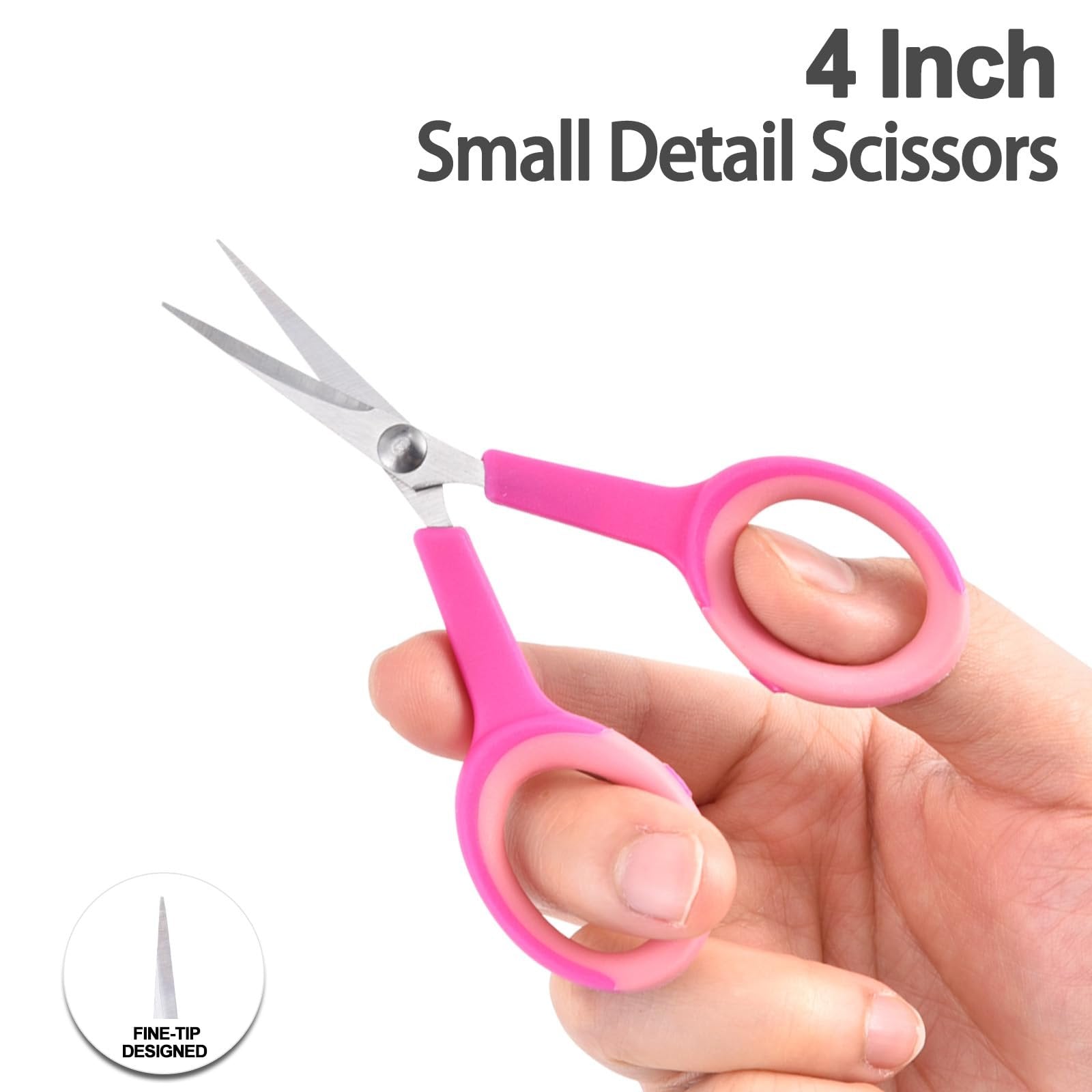 Hand holding pink 4-inch small detail scissors with fine-tip design callout