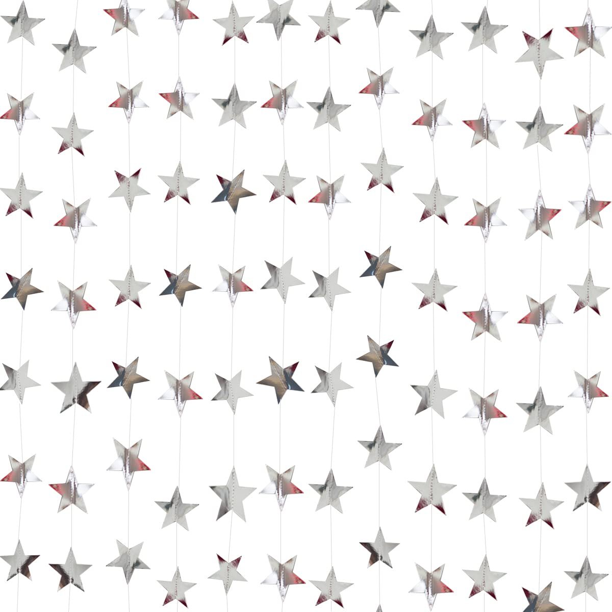 Silver glitter star paper garland decorations hanging in rows against a white background.