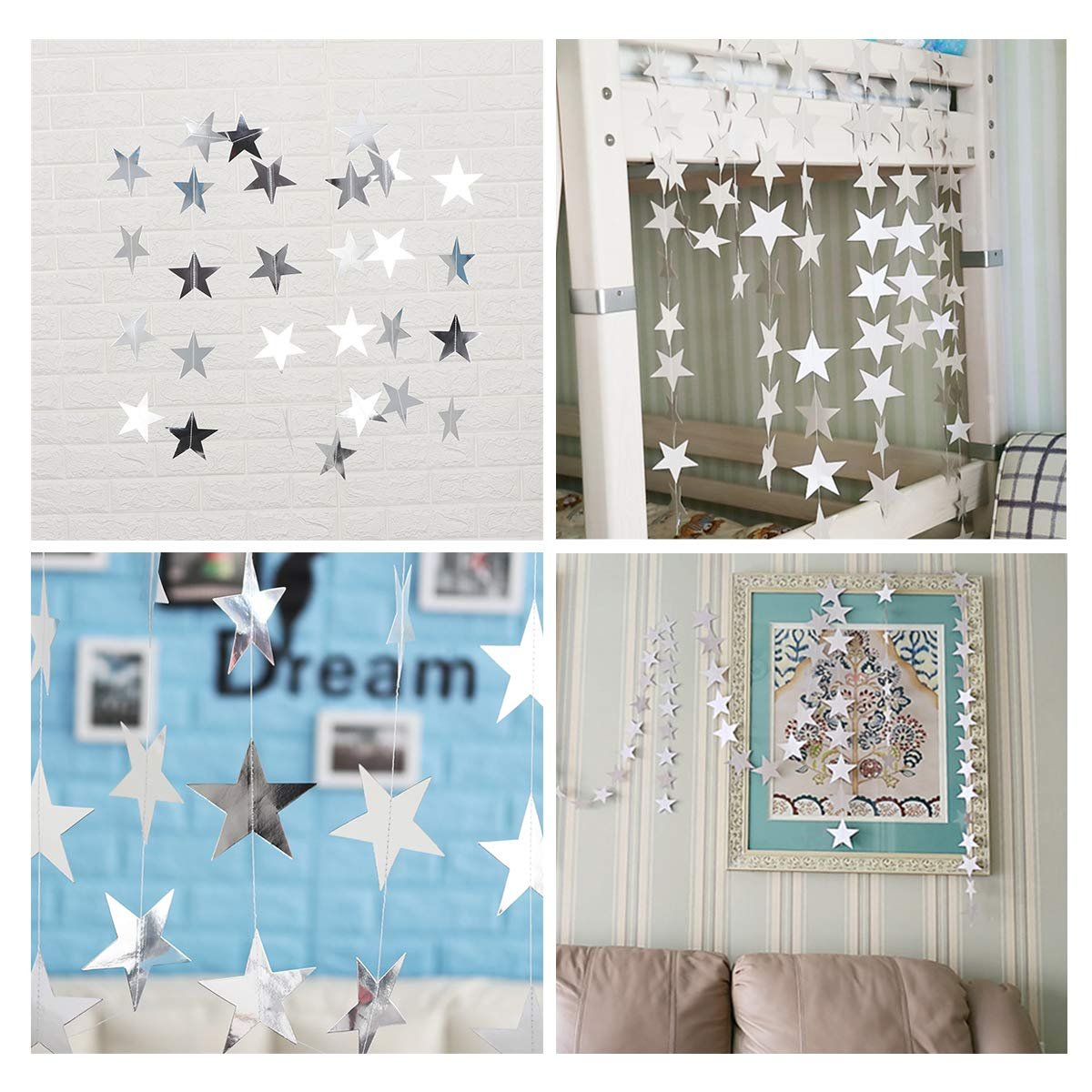 Silver star paper garlands hanging on a white brick wall, bunk bed, and above a couch.