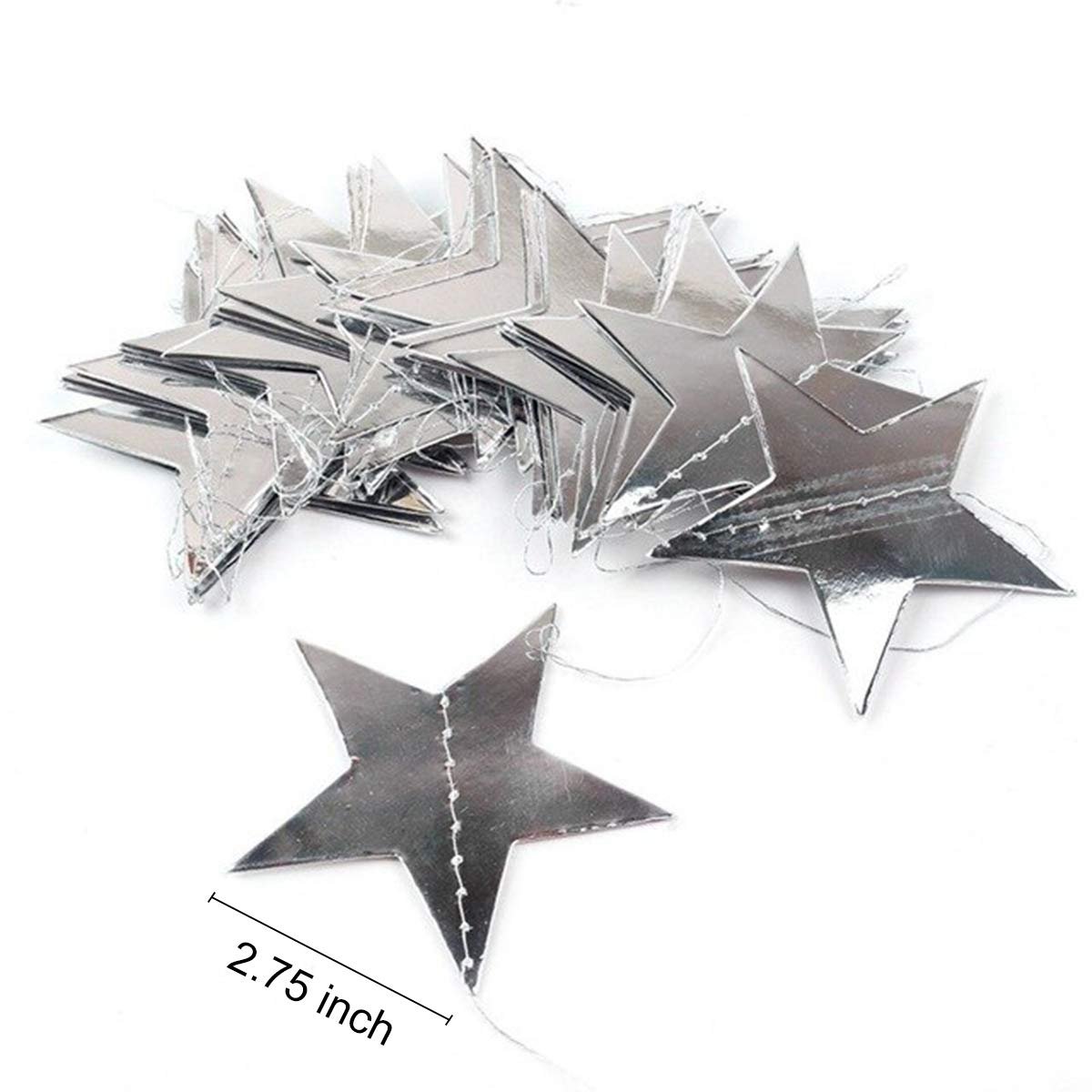 Silver star paper garland decorations shown from a top-down angle, with a measurement indicator showing 2.75 inches.