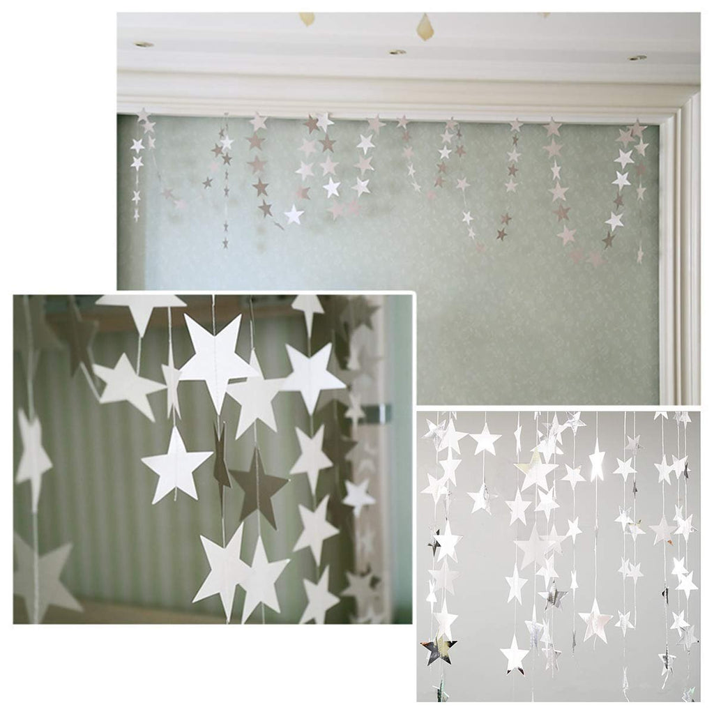 Silver and white star paper garlands hanging indoors, close-up views show detail.