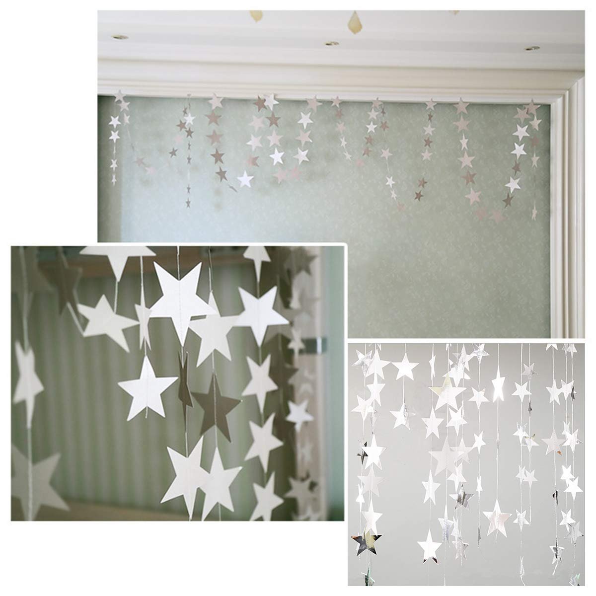 Silver and white star paper garlands hanging indoors, close-up views show detail.