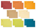 Set of blank note cards and envelopes in various earthtone colors arranged in rows on a white background.
