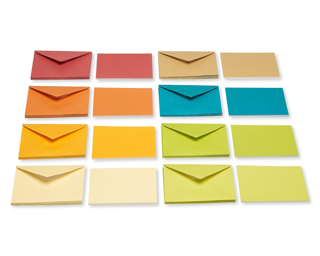 Stacks of colorful envelopes in earth tones arranged in a grid on a white background.