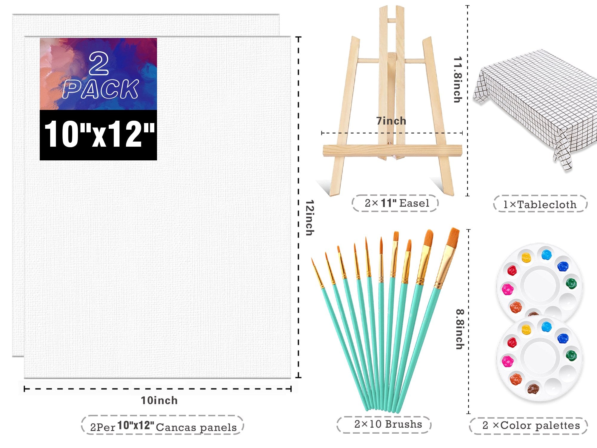 Sip and paint kit contents including two 10x12 inch canvas panels, easel, tablecloth, paint brushes, and color palettes.