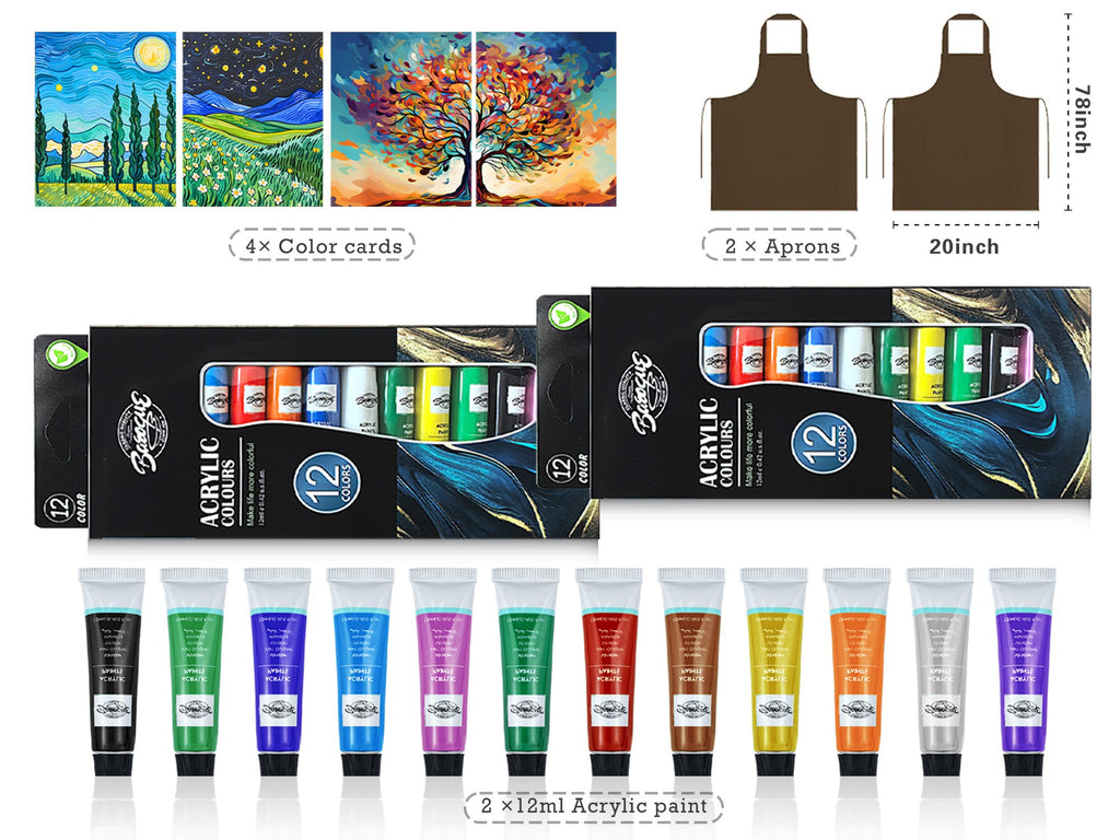 Sip and paint kit contents including acrylic paint tubes, aprons, and color cards with artwork examples.
