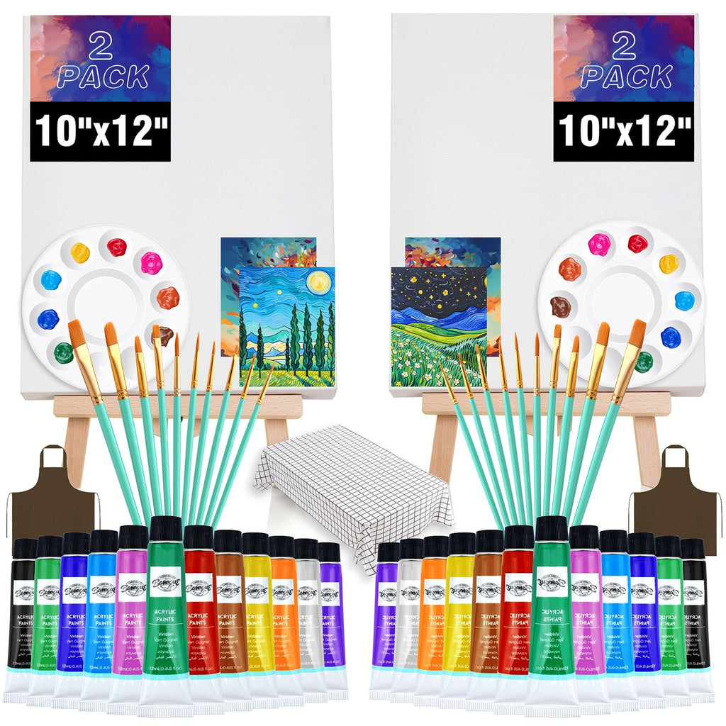 Two sip and paint kits displayed with canvases, paint tubes, brushes, palettes, and aprons on a white background.