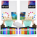Two sip and paint kits displayed with canvases, paint tubes, brushes, palettes, and aprons on a white background.