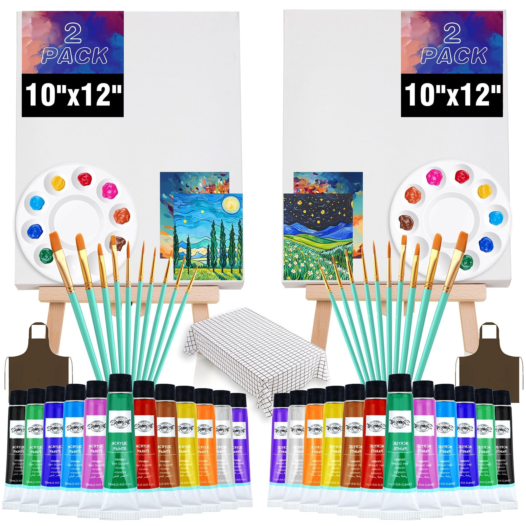Two sip and paint kits displayed with canvases, paint tubes, brushes, palettes, and aprons on a white background.