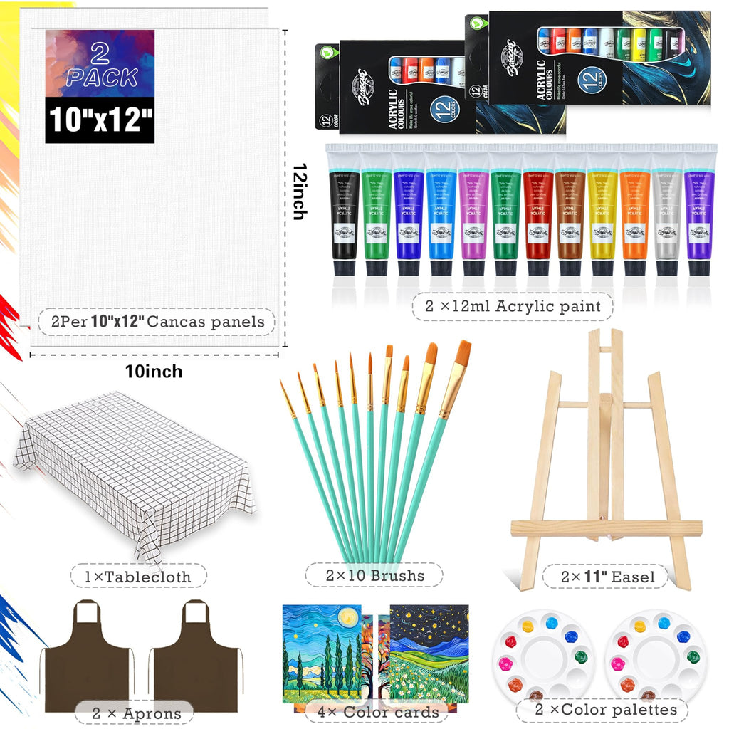 Sip and paint kit contents including canvas panels, acrylic paints, brushes, easel, tablecloth, aprons, color cards, and palettes.