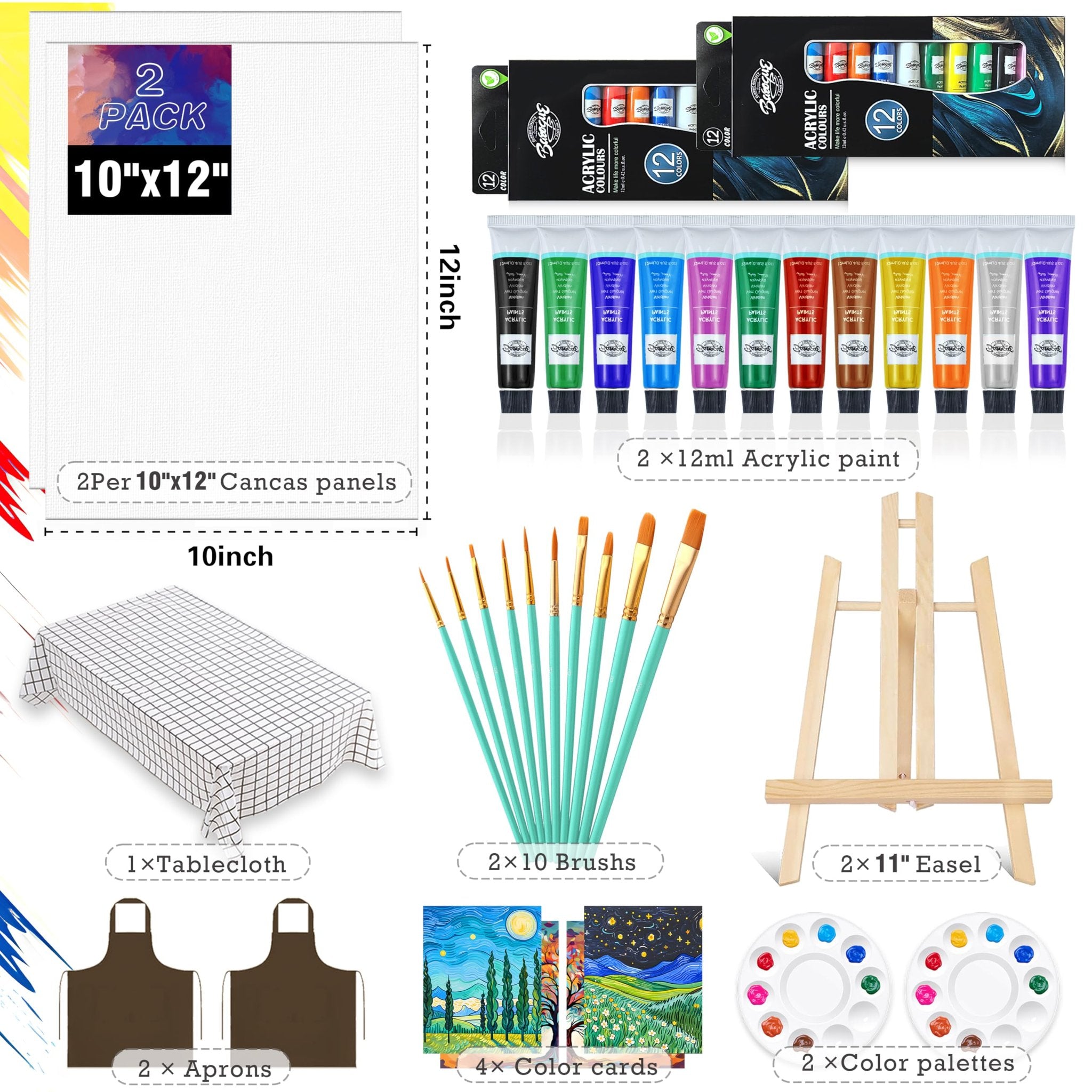 Sip and paint kit contents including canvas panels, acrylic paints, brushes, easel, tablecloth, aprons, color cards, and palettes.