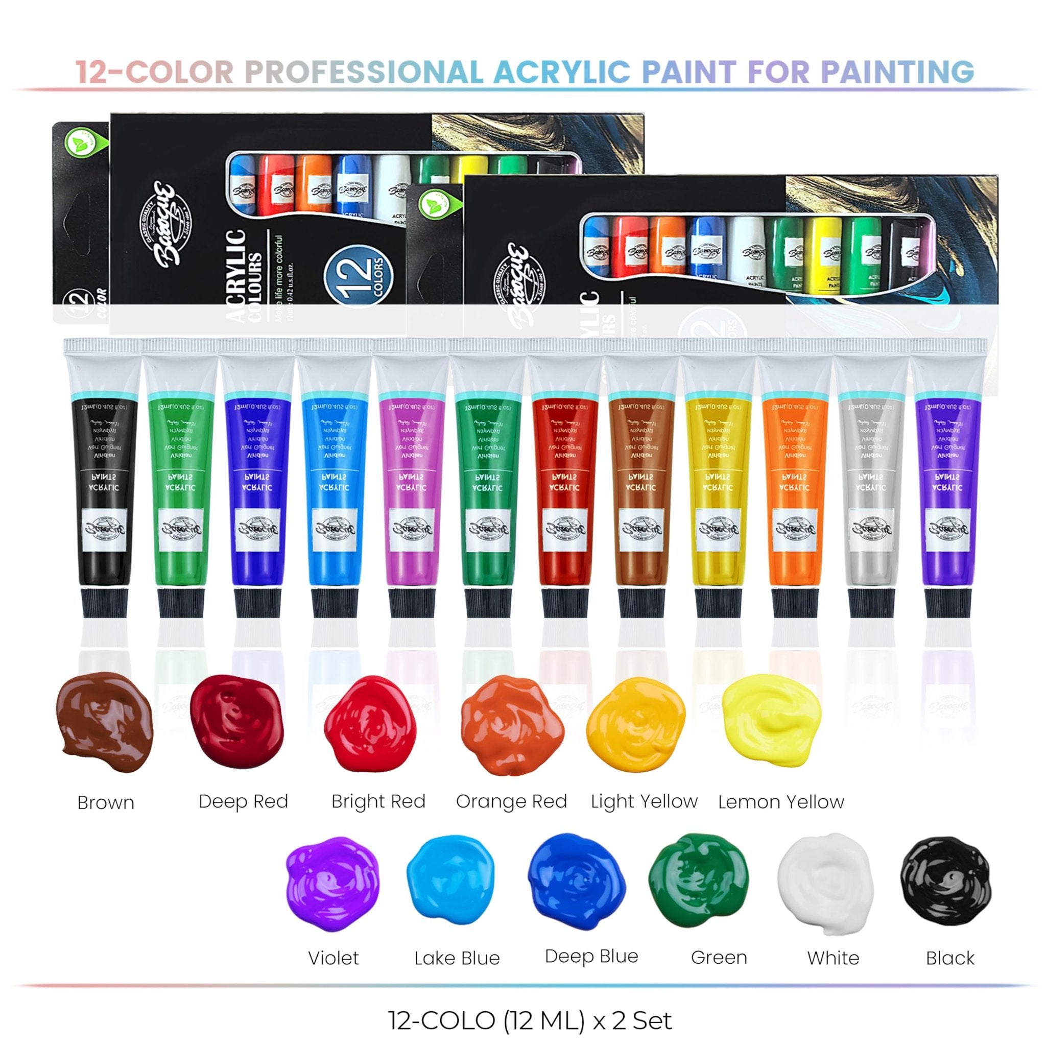 Twelve tubes of acrylic paint in various colors, with corresponding color swatches below, labeled with color names.