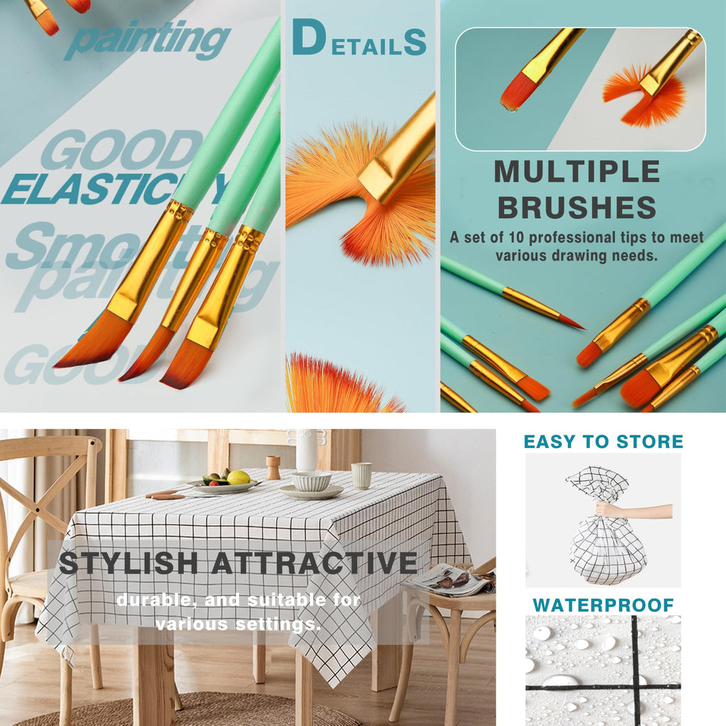Collage of paint brushes, a table setting with a checkered tablecloth, and a close-up of water droplets on a surface.