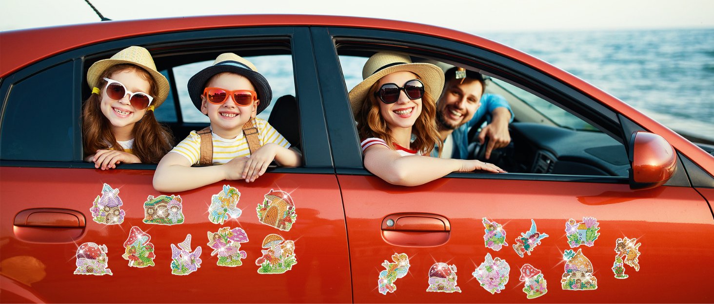 Family in a car by the ocean, with diamond painting magnets on the car door