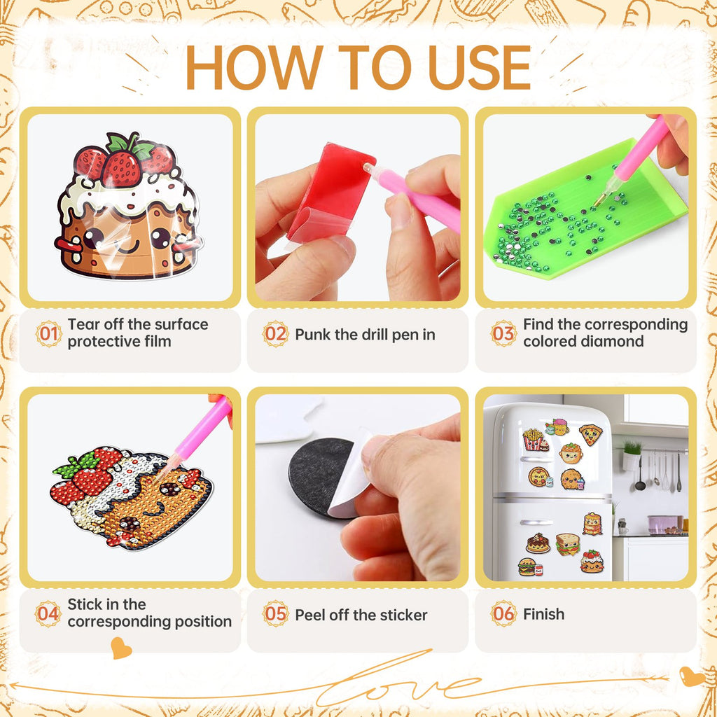 Diamond painting refrigerator magnet craft kit instructions showing steps from peeling film to finishing magnets on a fridge.