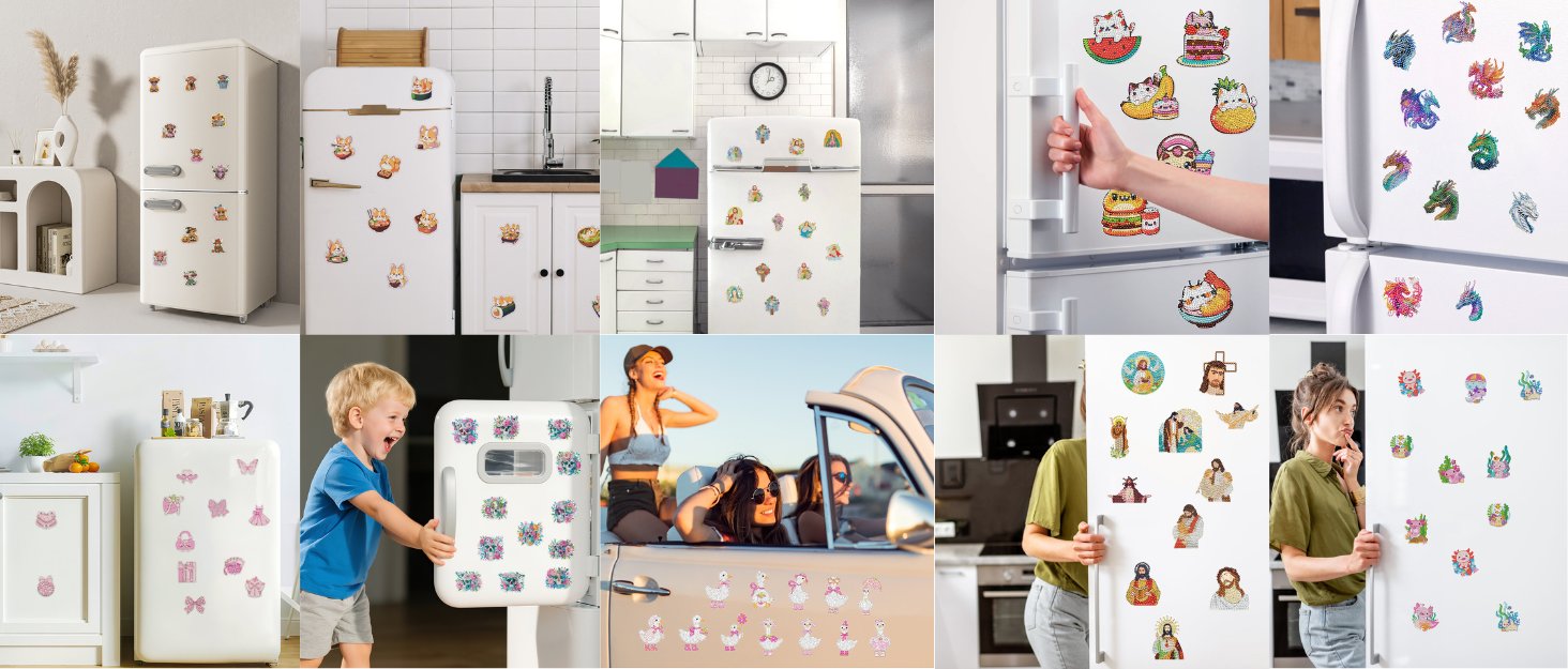 Collage of diamond painting refrigerator magnets in various designs including animals, food, and mythical creatures applied to refrigerators and other surfaces.