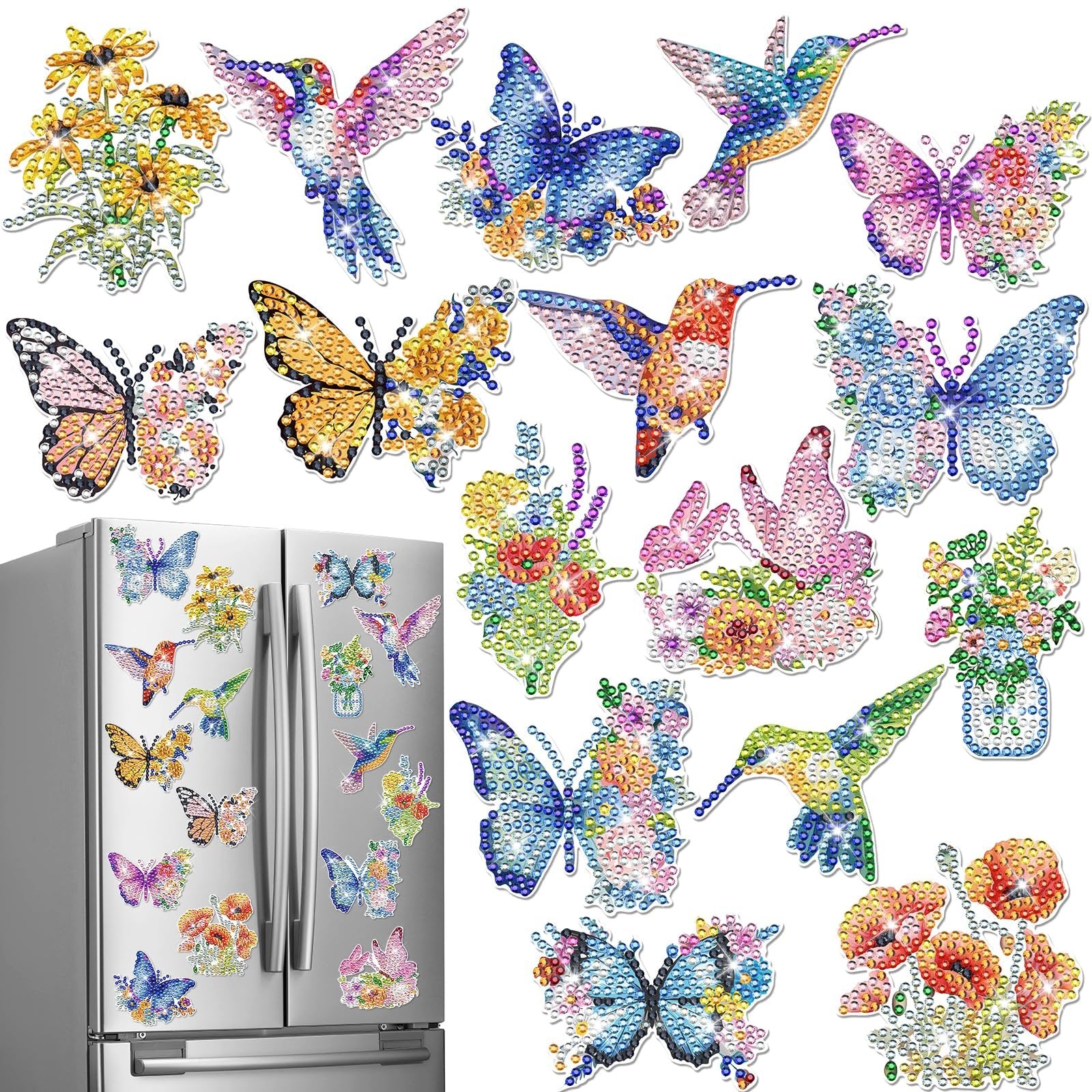 Diamond painting refrigerator magnets in various shapes including butterflies, hummingbirds, flowers, and floral arrangements, displayed on a stainless steel refrigerator.