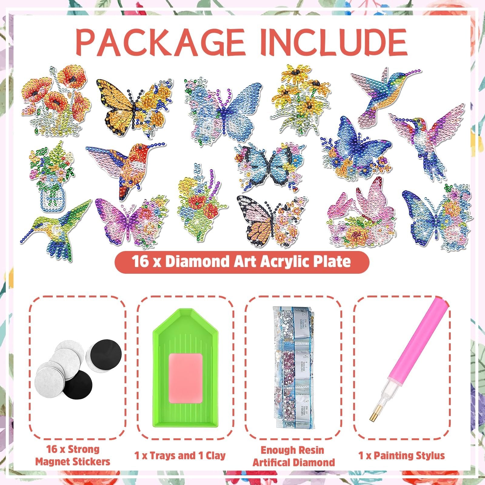 Diamond painting kit contents including 16 acrylic plates with butterfly and flower designs, magnet stickers, tray, clay, resin diamonds, and stylus.