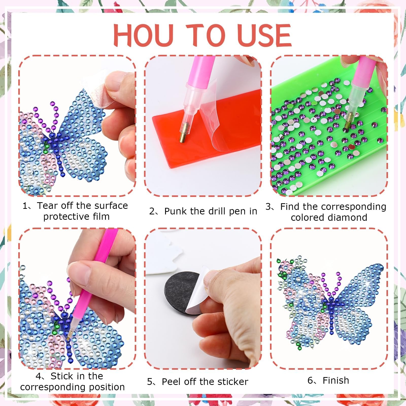 Diamond painting refrigerator magnet kit instructions showing steps to apply rhinestones to butterfly designs.