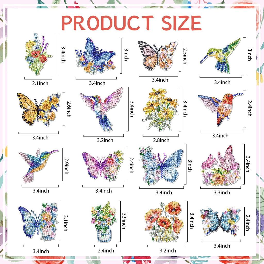 Sixteen diamond painting magnets shown with dimensions, featuring butterflies, hummingbirds, flowers, and floral arrangements.