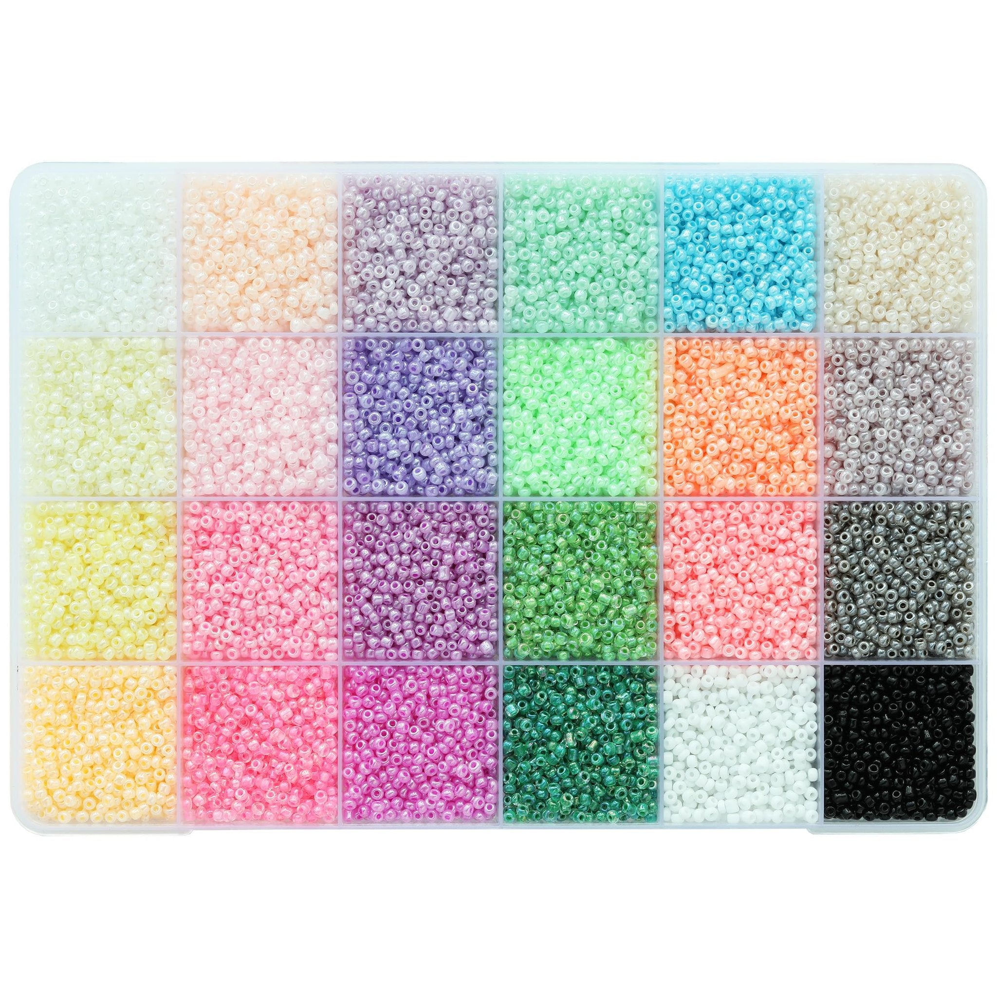 Assortment of 24 colors of glass seed beads in a clear plastic organizer box