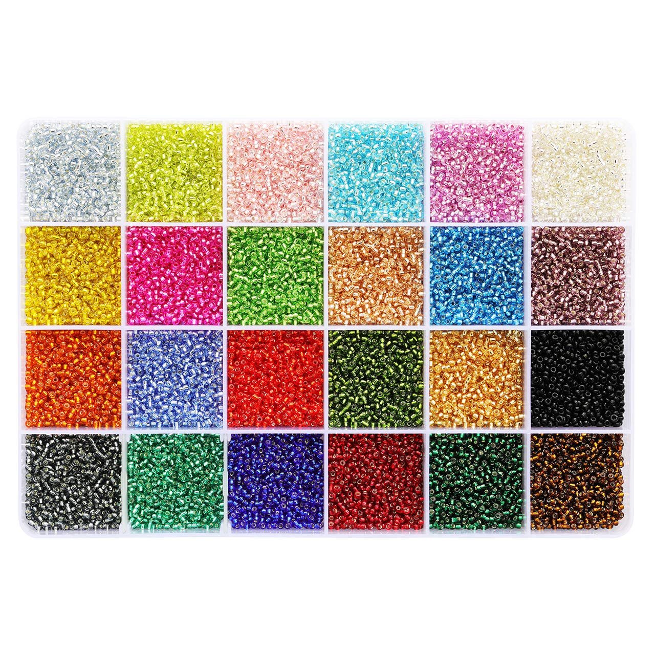 Storage box filled with 24 compartments of colorful glass seed beads in various shades.