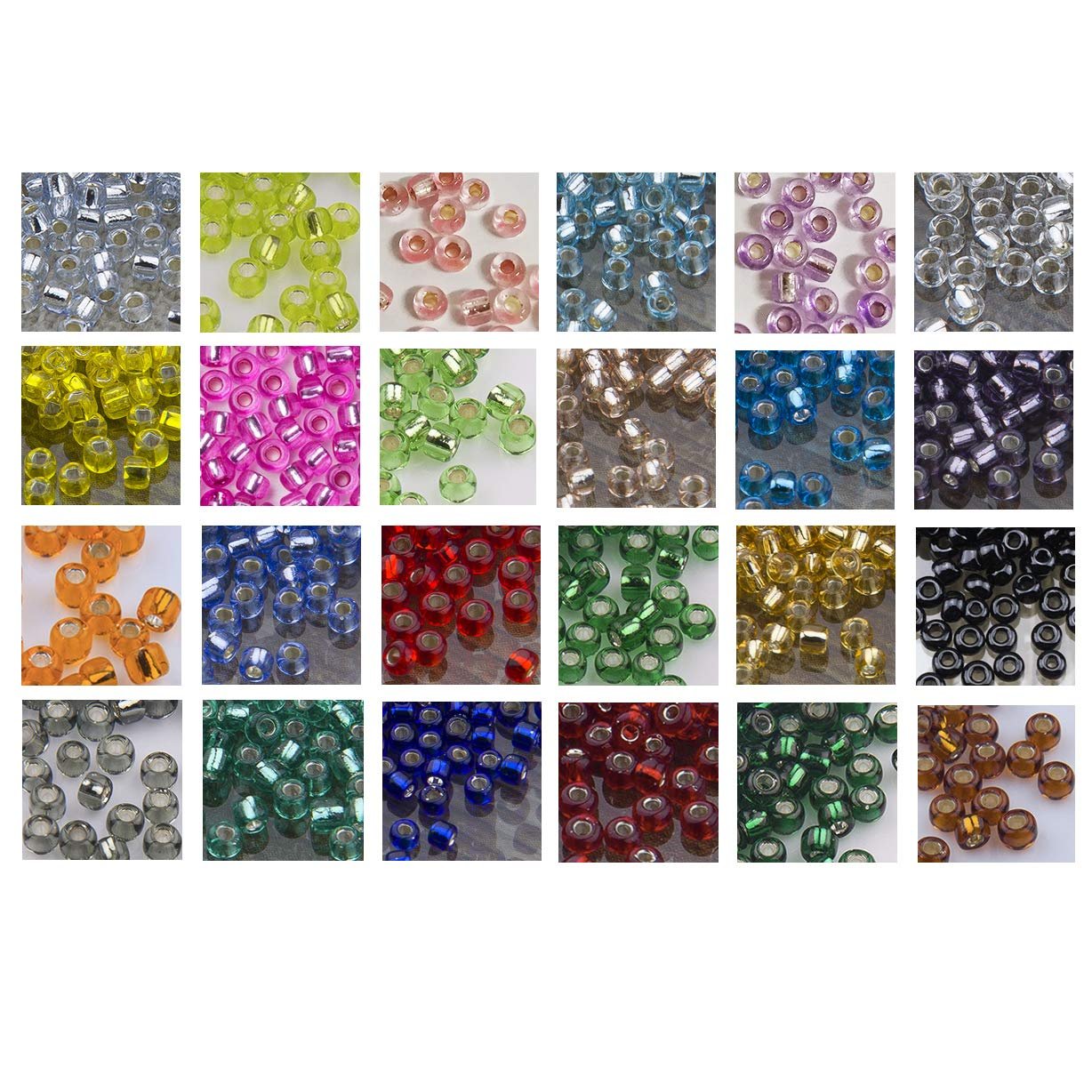 Collage of 24 small images showing various colors of glass seed beads, each in a separate square.