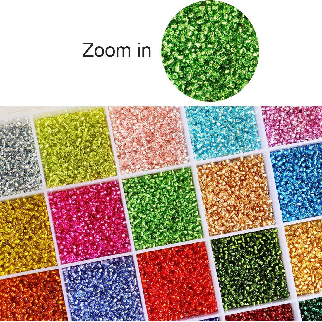 Assortment of 24,000 glass seed beads in 24 colors, organized in a storage box, with a close-up view of green beads.