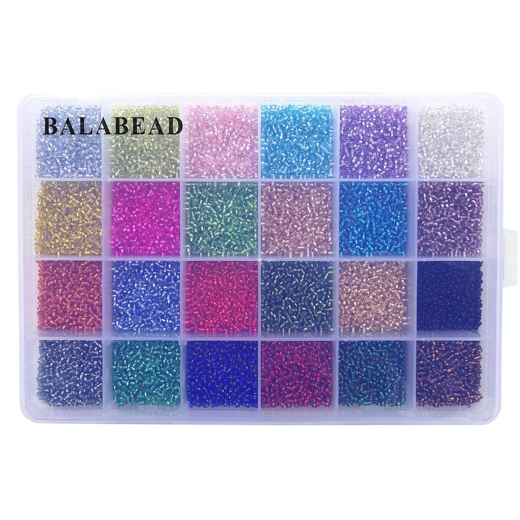 Clear storage box filled with 24 compartments of colorful glass seed beads, top left compartment shows 'BALABÉAD' text.