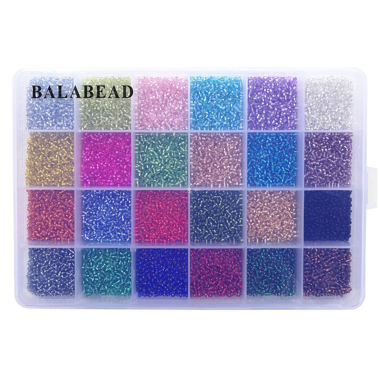 Clear storage box filled with 24 compartments of colorful glass seed beads, top left compartment shows 'BALABÉAD' text.