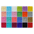Organizer box filled with 24 assorted colors of 3mm glass seed beads for jewelry making.