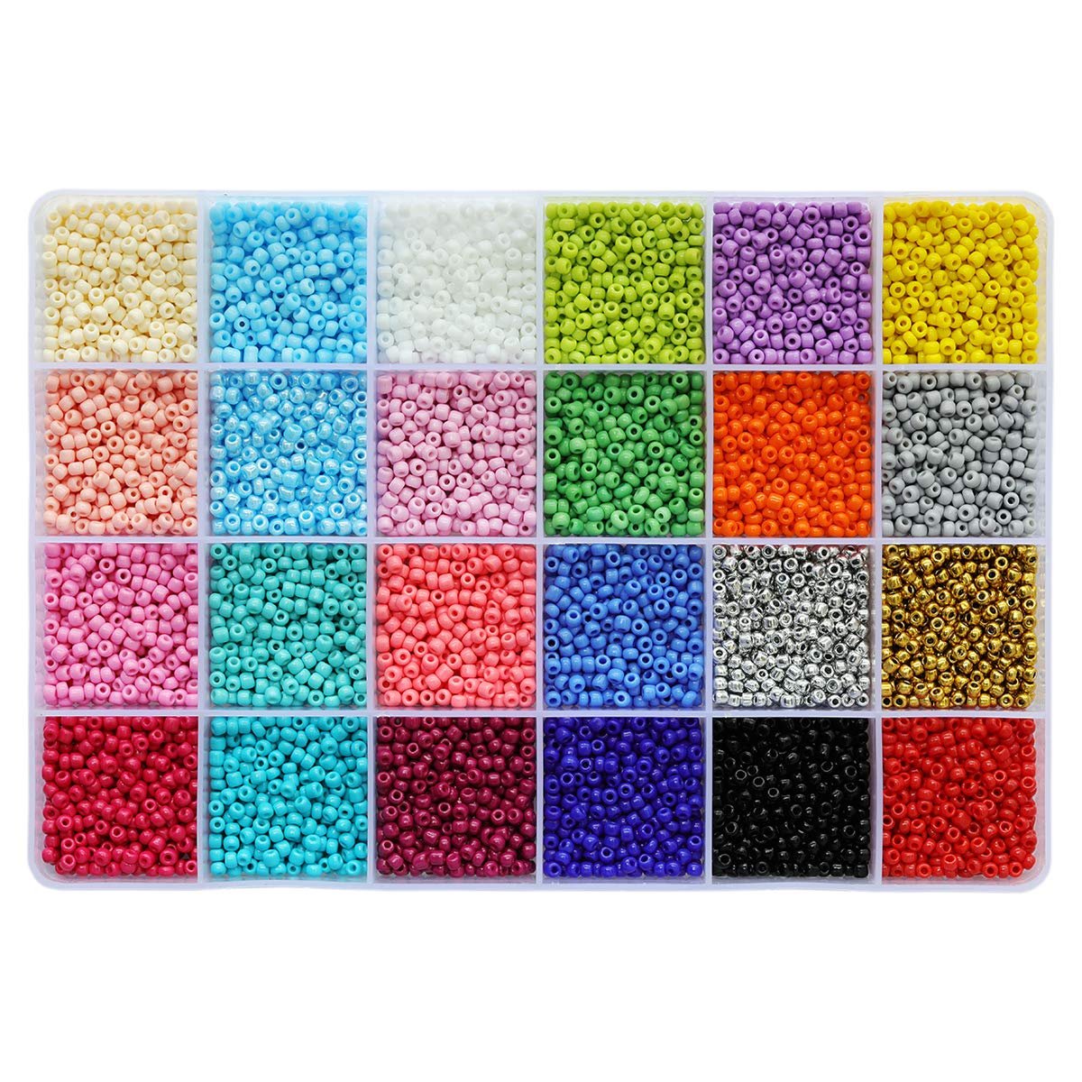 Organizer box filled with 24 assorted colors of 3mm glass seed beads for jewelry making.