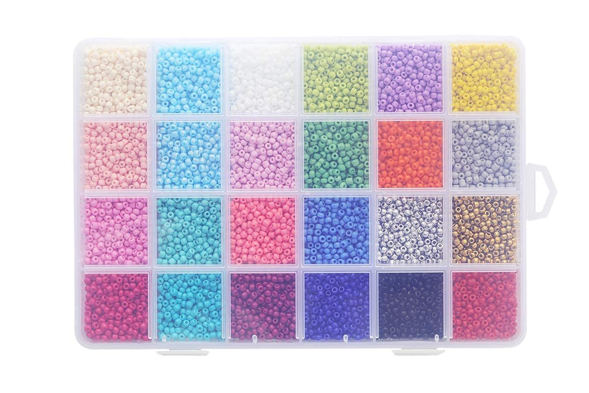 Organizer box filled with 24 compartments of assorted colored glass seed beads for jewelry making.