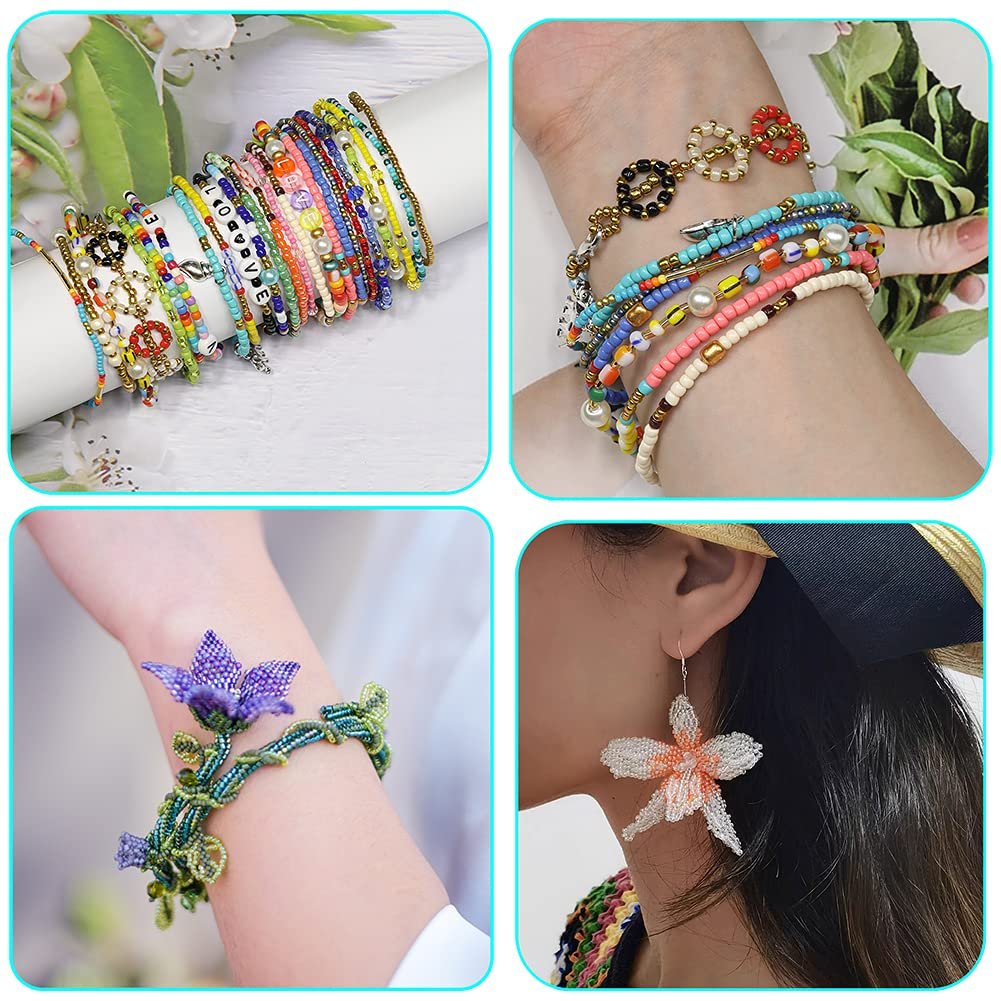 Collage of four images showing various handmade jewelry made from colorful seed beads, including bracelets and earrings.
