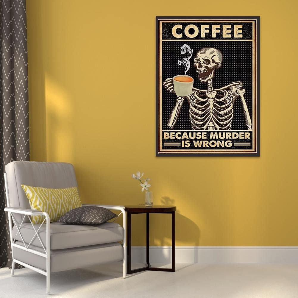 Skeleton holding a coffee cup with steam, text reads 'COFFEE BECAUSE MURDER IS WRONG'