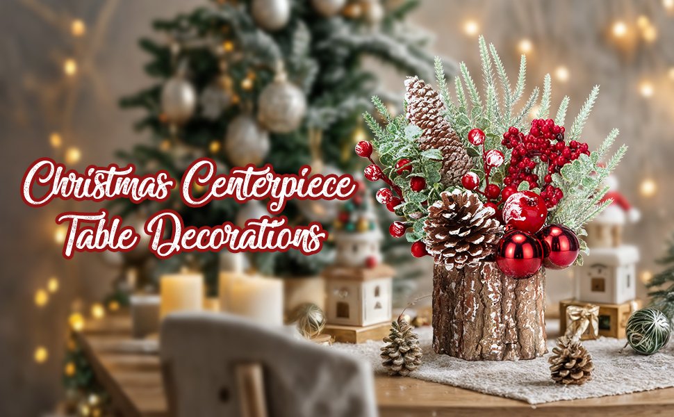 Small artificial Christmas centerpiece with pinecones, red berries, and ornaments in a wooden base, set on a table with festive decorations.