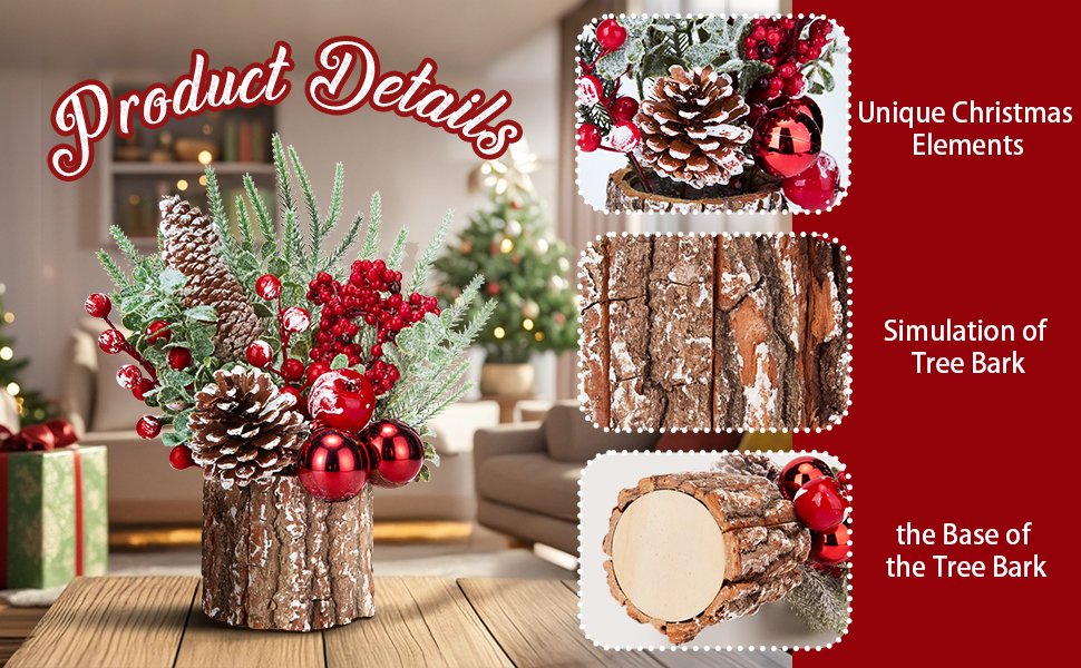 Small artificial Christmas tree with red ornaments, pinecones, and berries in a wooden base, shown in a living room setting.