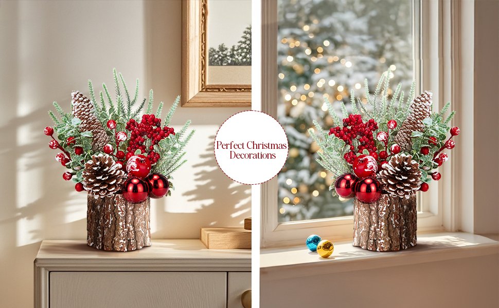 Small artificial Christmas tree arrangement with red ornaments, berries, pinecones, and a wooden base, shown in two settings.