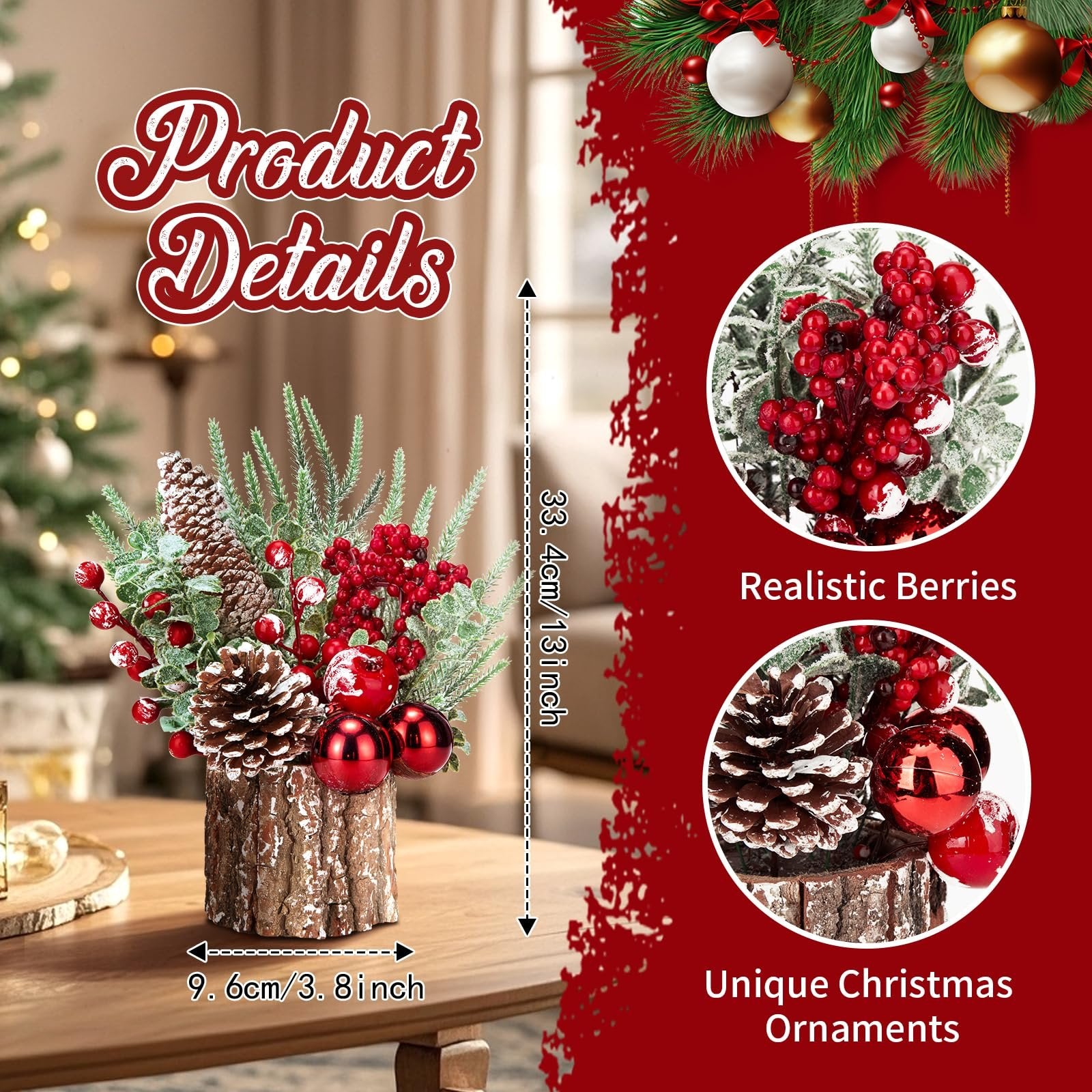 Tabletop Christmas tree with red ornaments, pinecones, and berries in a wooden base, showing dimensions.