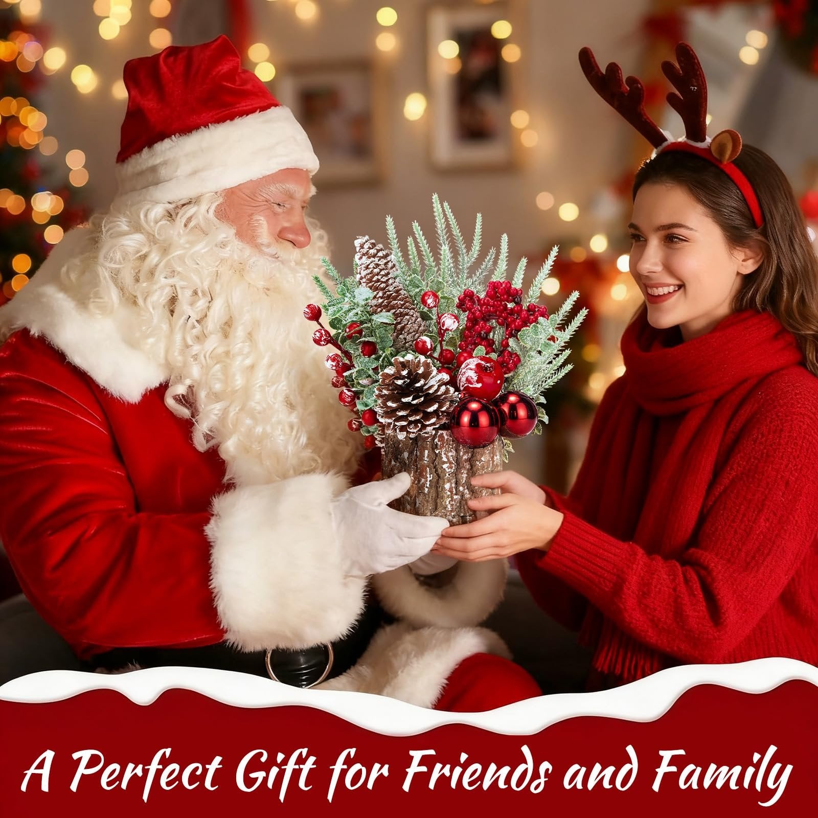 Santa Claus giving a small artificial Christmas tree with red ornaments, pinecones, and berries to a smiling woman.