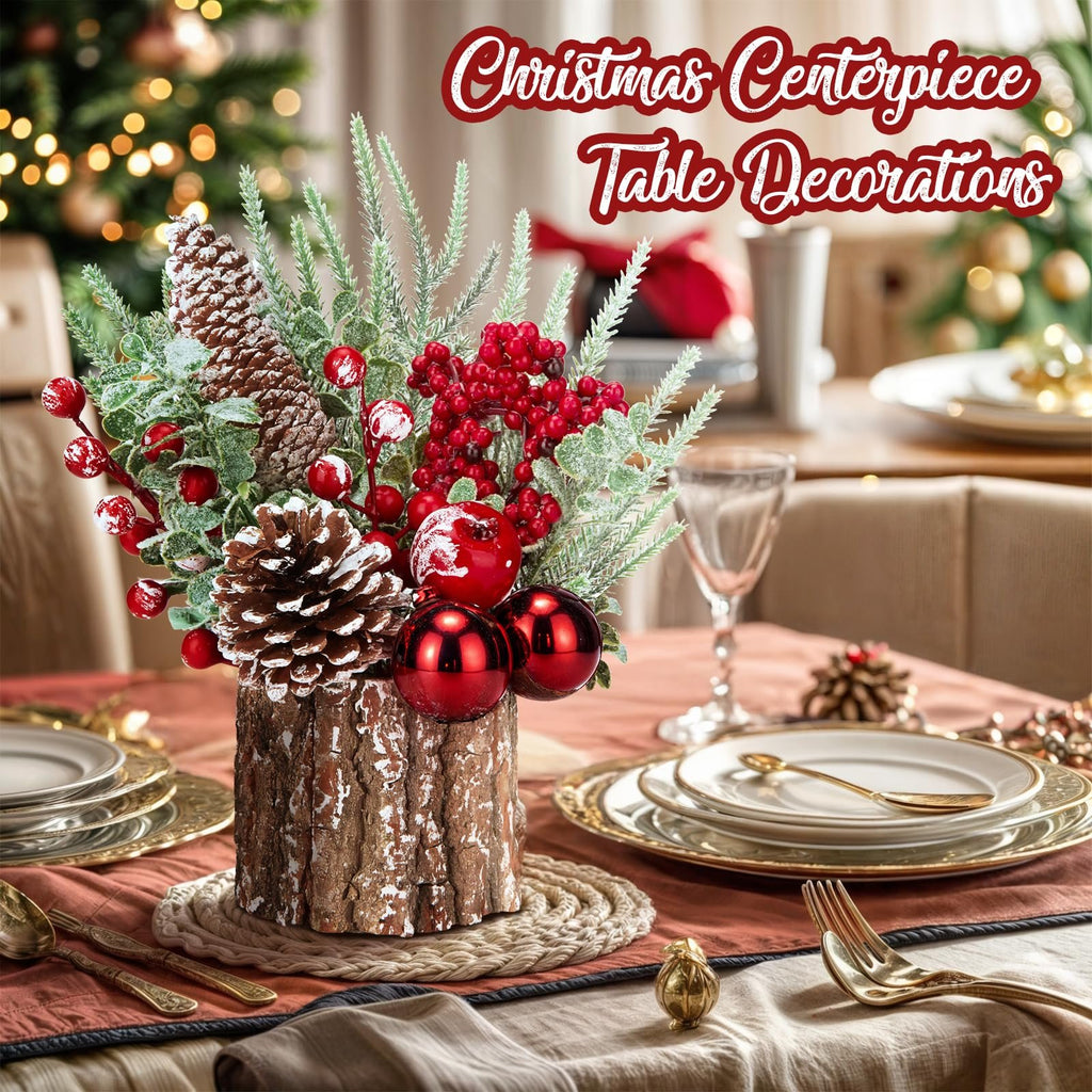 Artificial Christmas centerpiece with pinecones, red berries, and ornaments in a wooden base on a table setting.