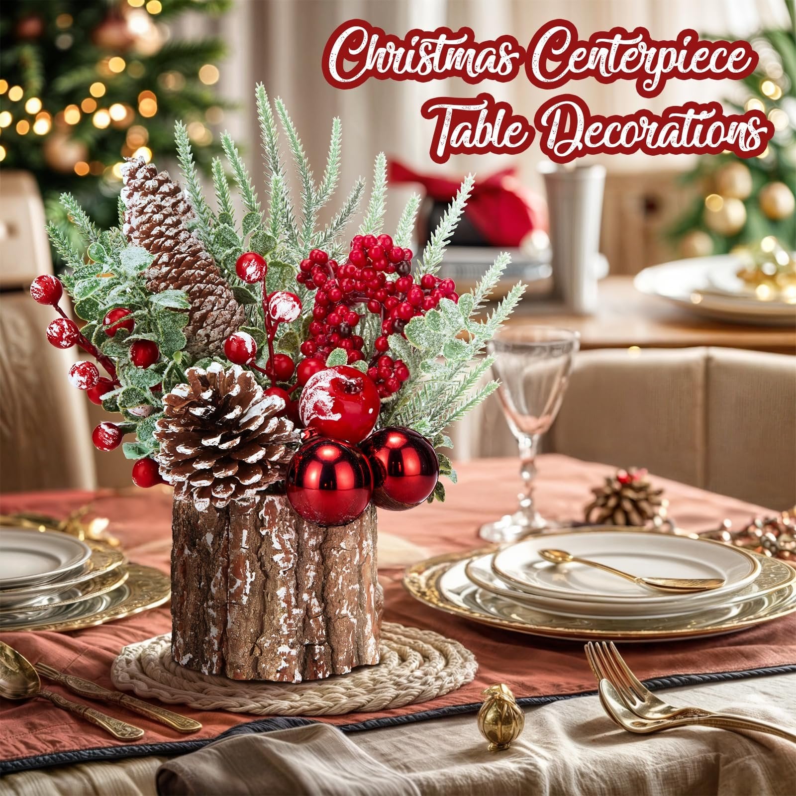 Artificial Christmas centerpiece with pinecones, red berries, and ornaments in a wooden base on a table setting.
