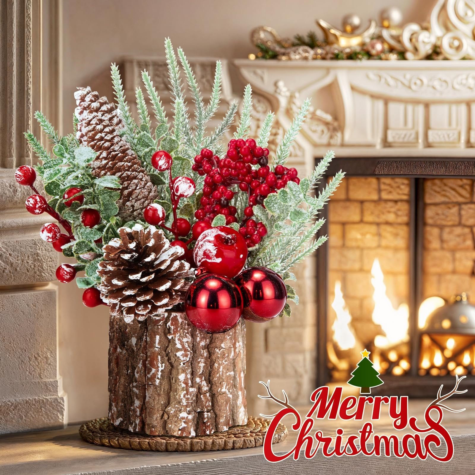 Small artificial Christmas tree centerpiece with pinecones, red berries, and ornaments in a wooden base, set against a fireplace.