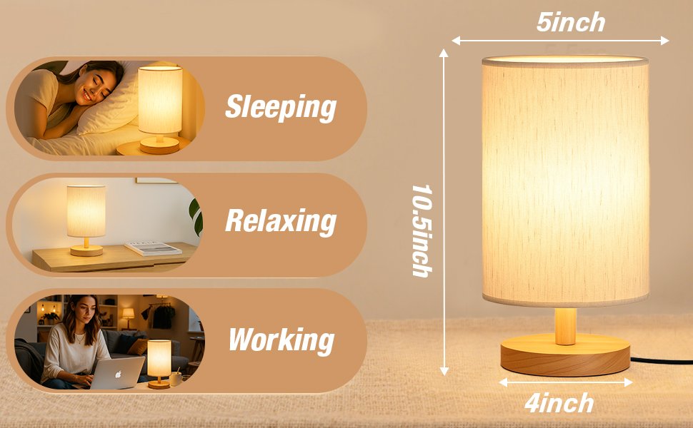 Small wooden base fabric shade table lamp shown in lifestyle settings and with dimensions