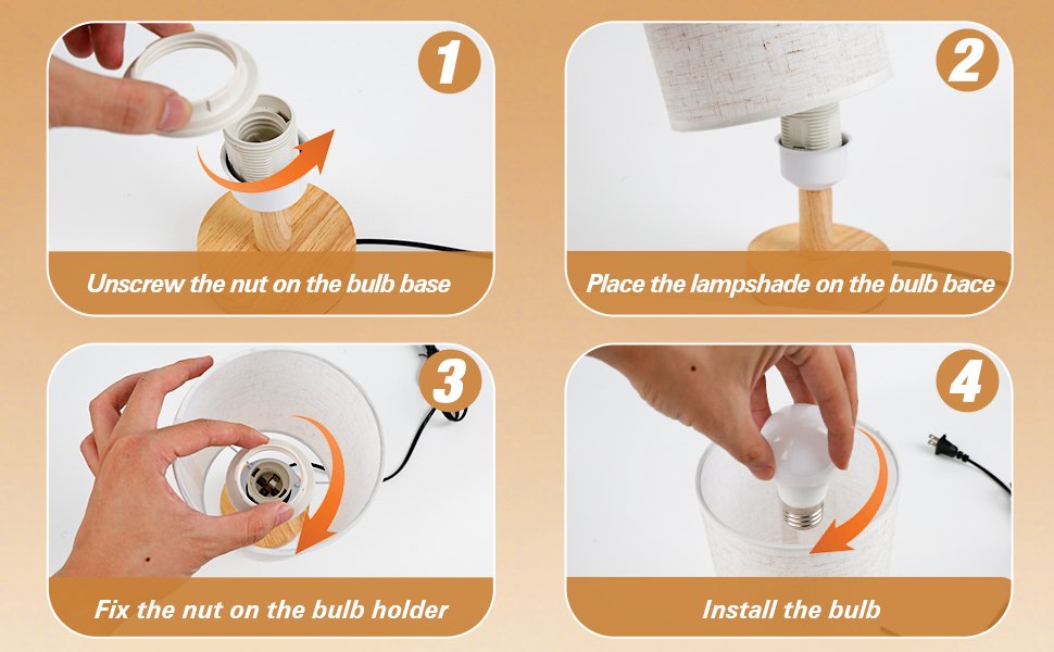 Four-panel diagram showing how to assemble a small plug-in lamp with a wood base and fabric shade.